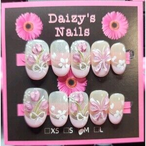Medium Size Press-on Nail 10Pc Set Handmade Oval Purple Tullip 2.0 Cm Length